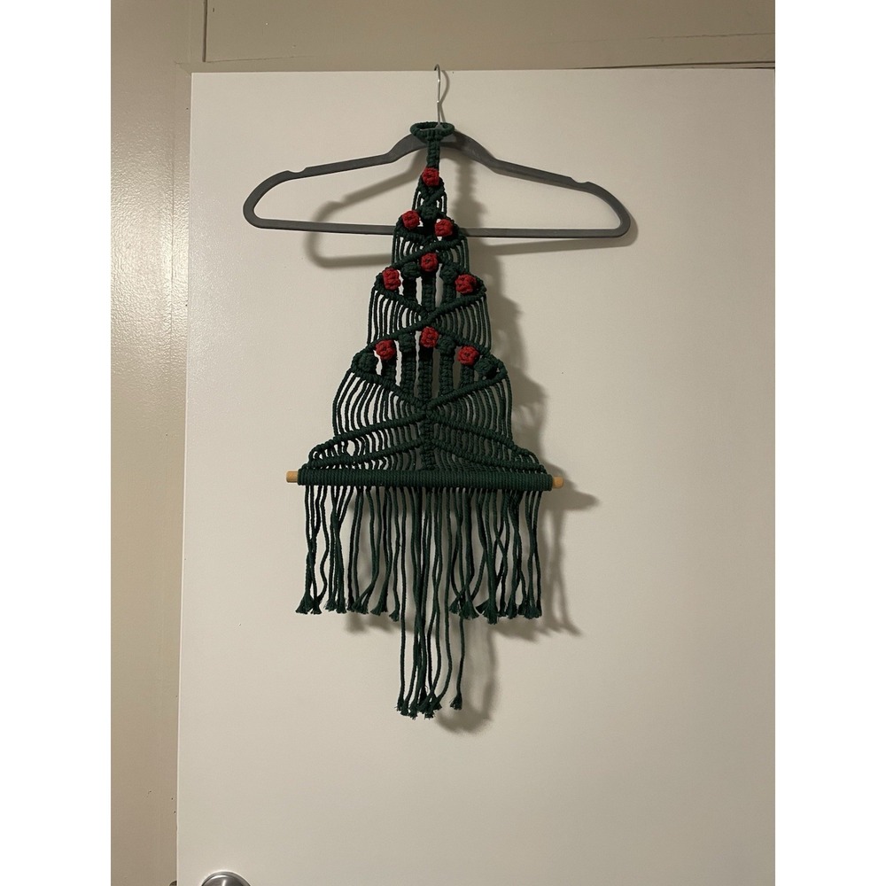 Vintage Handmade Macramé Christmas Tree Wall Hanging Red Retro